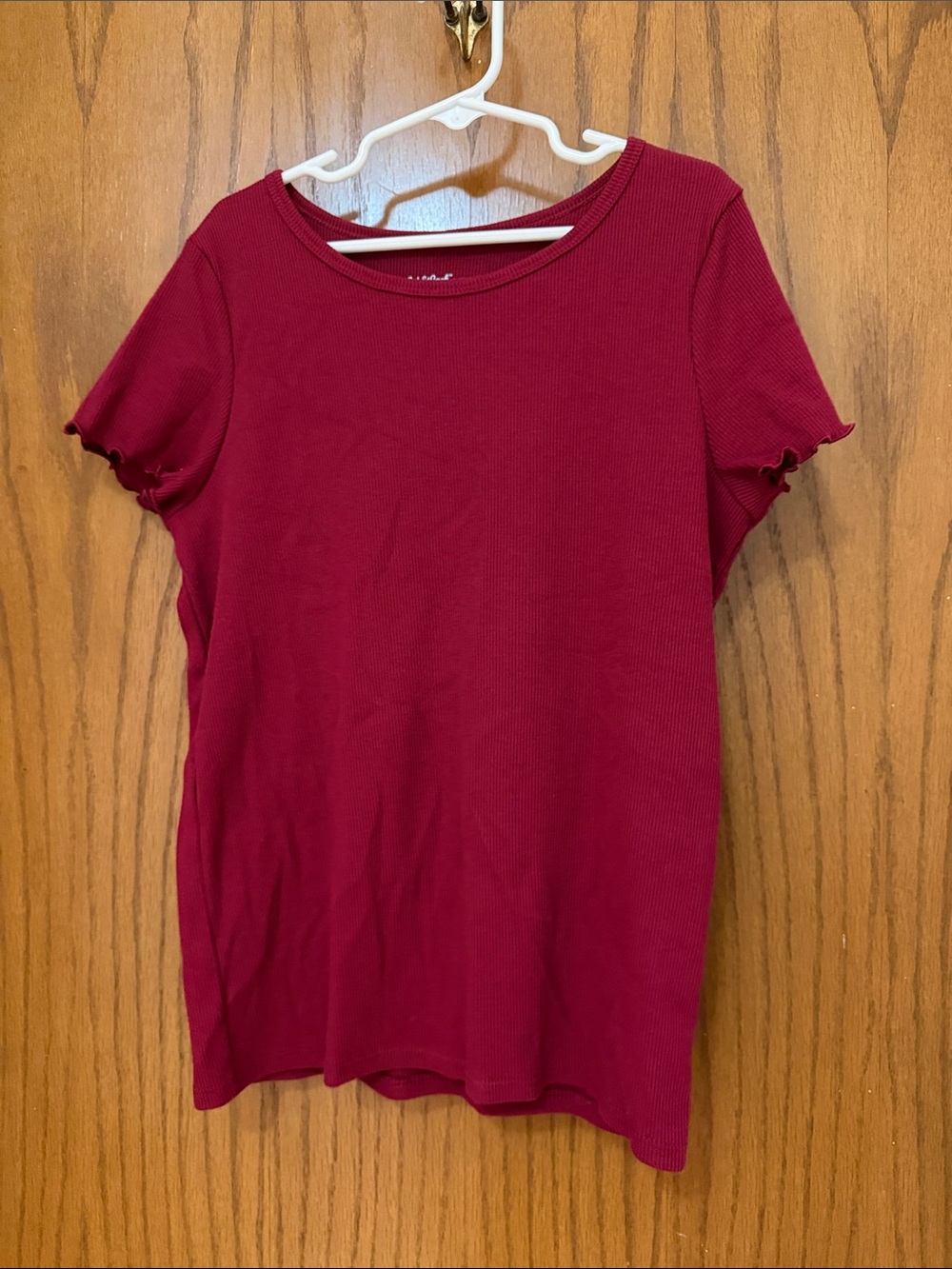 Cat & Jack UEC Girls Sz L (10/12) Red Ribbed Short-Sleeve Top Lettuce Detail